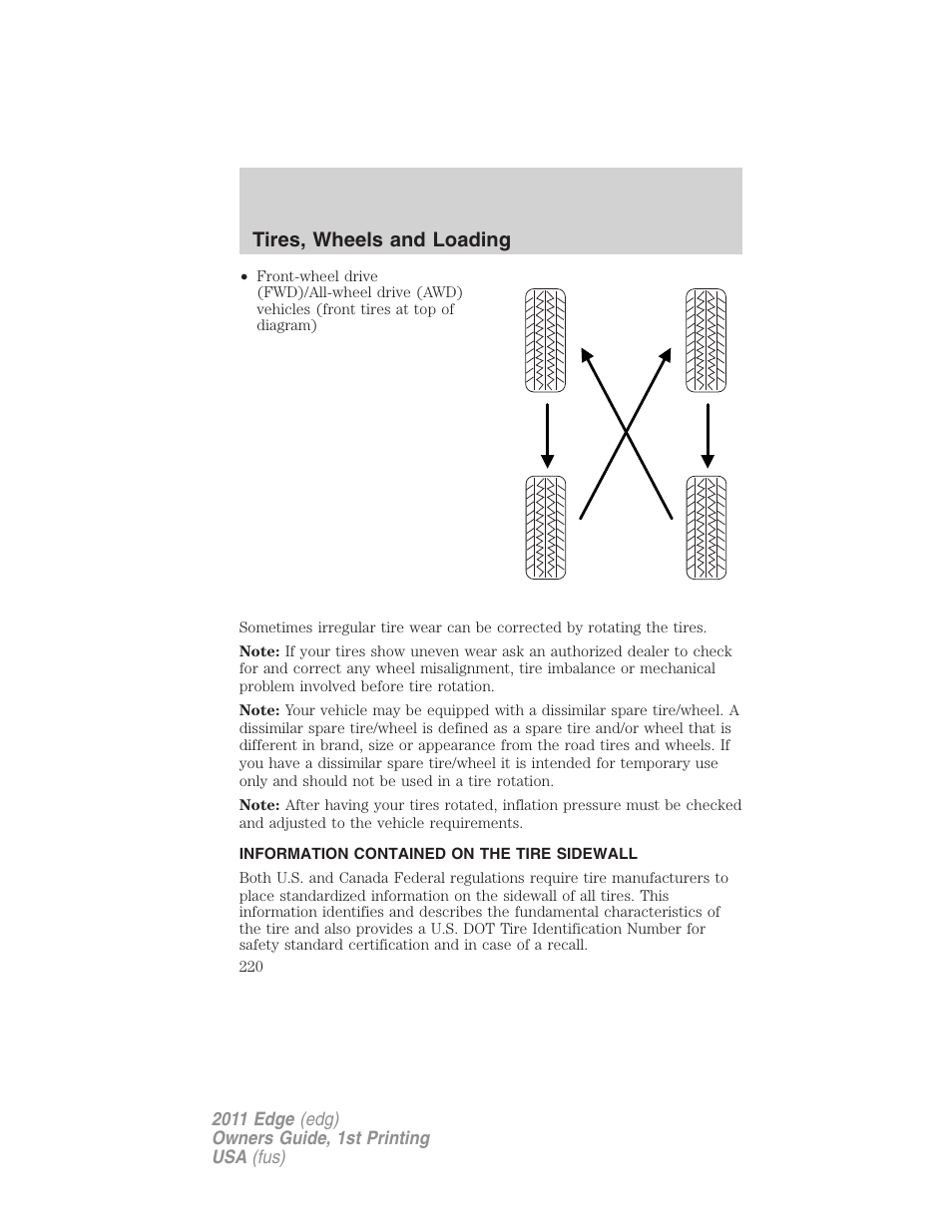 Information contained on the tire sidewall, Tires, wheels and loading | FORD 2011 Edge v.1 User Manual | Page 220 / 403
