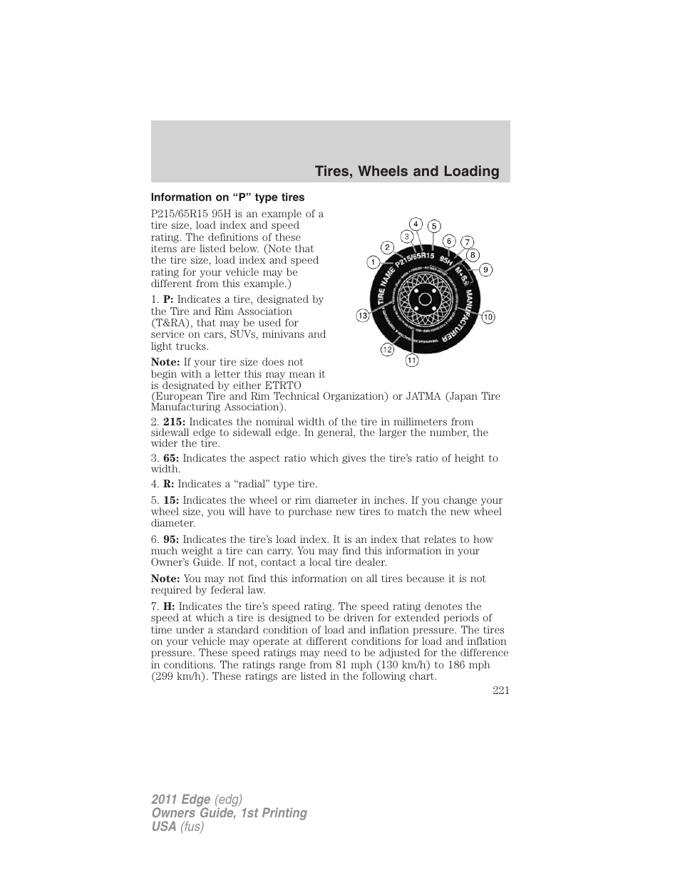 Information on “p” type tires, Tires, wheels and loading | FORD 2011 Edge v.1 User Manual | Page 221 / 403