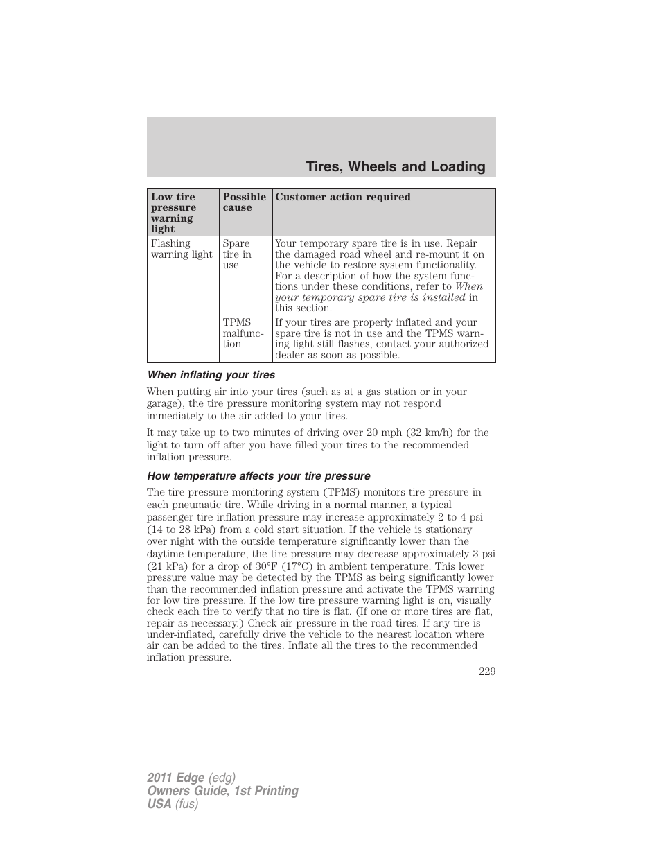 When inflating your tires, How temperature affects your tire pressure, Tires, wheels and loading | FORD 2011 Edge v.1 User Manual | Page 229 / 403