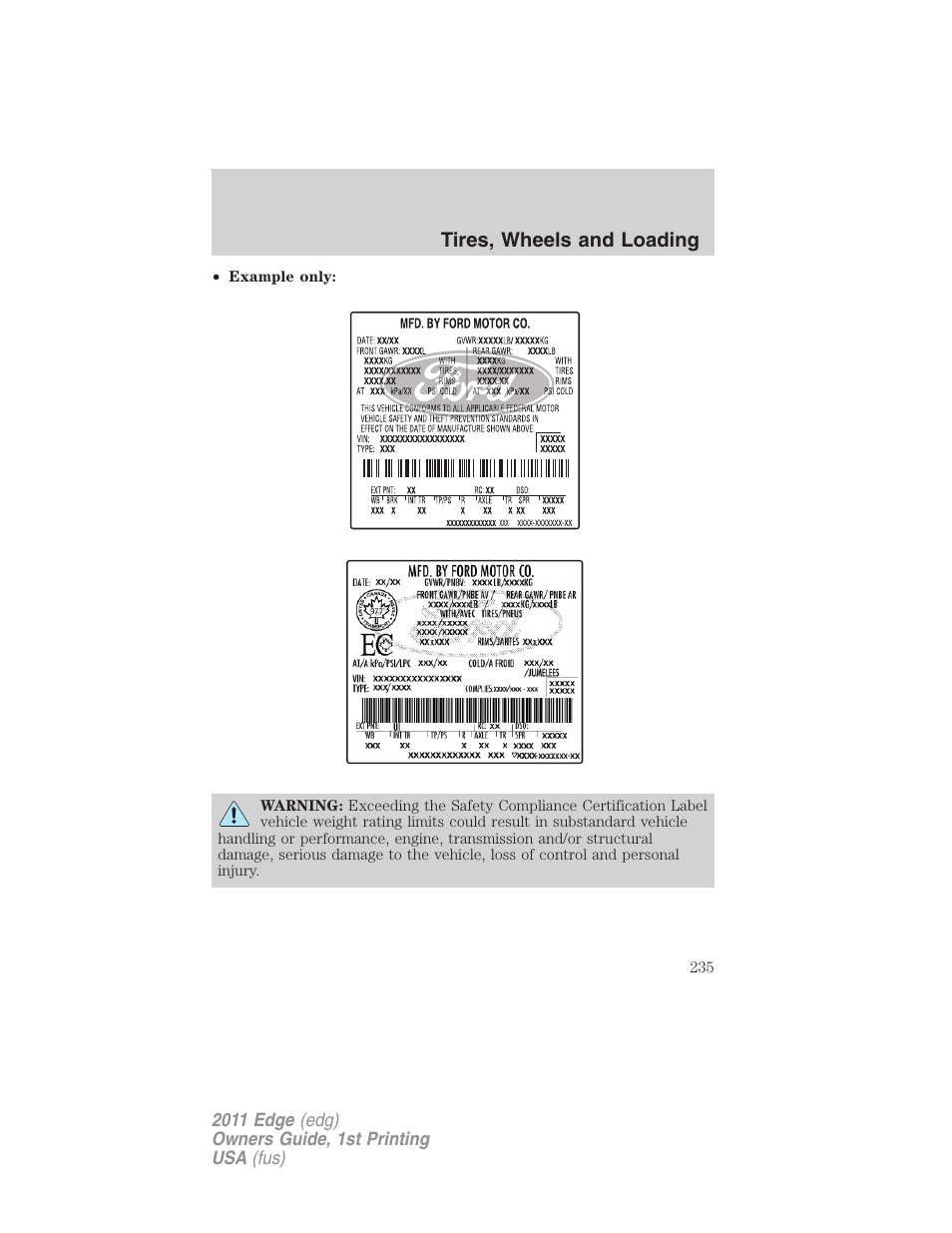 Tires, wheels and loading | FORD 2011 Edge v.1 User Manual | Page 235 / 403