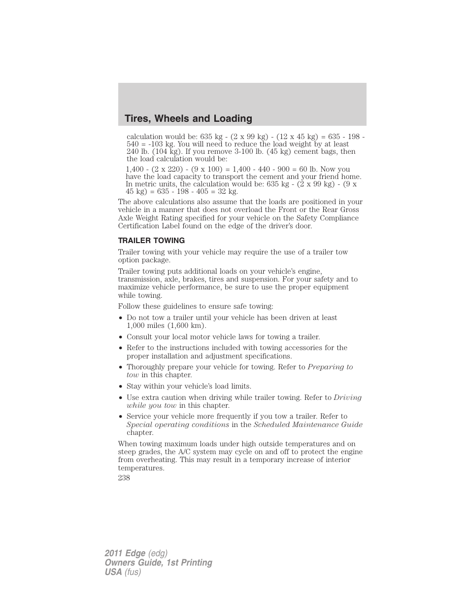 Trailer towing, Tires, wheels and loading | FORD 2011 Edge v.1 User Manual | Page 238 / 403