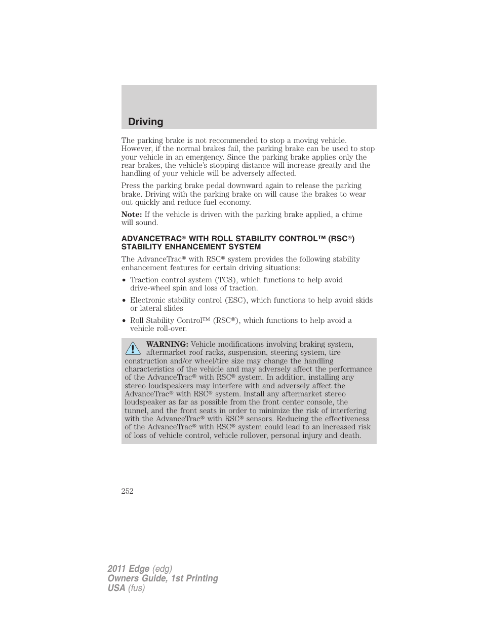 Advancetrac, Driving | FORD 2011 Edge v.1 User Manual | Page 252 / 403