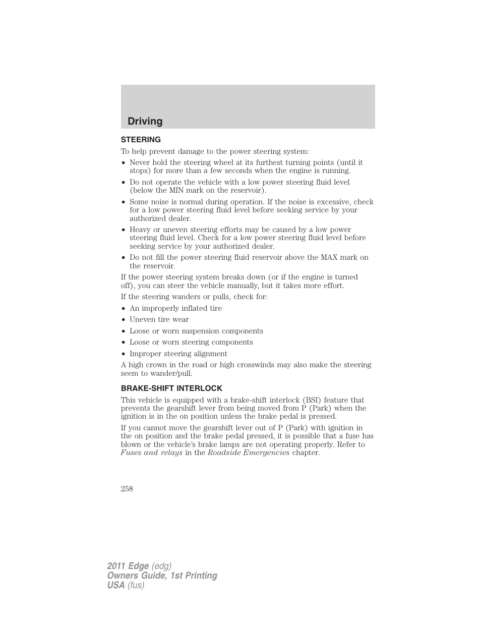 Steering, Brake-shift interlock, Driving | FORD 2011 Edge v.1 User Manual | Page 258 / 403