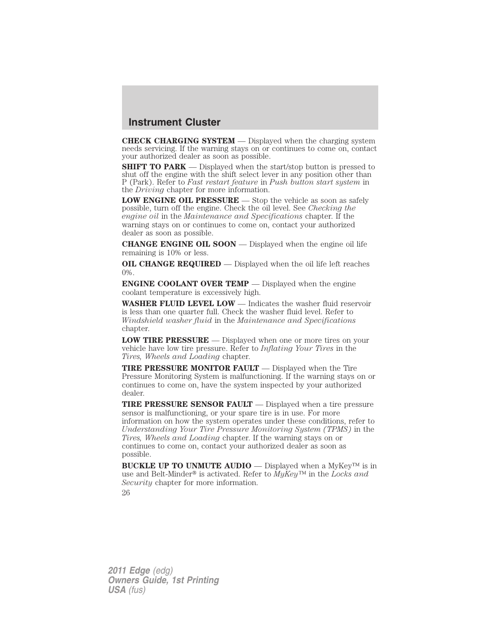 Instrument cluster | FORD 2011 Edge v.1 User Manual | Page 26 / 403
