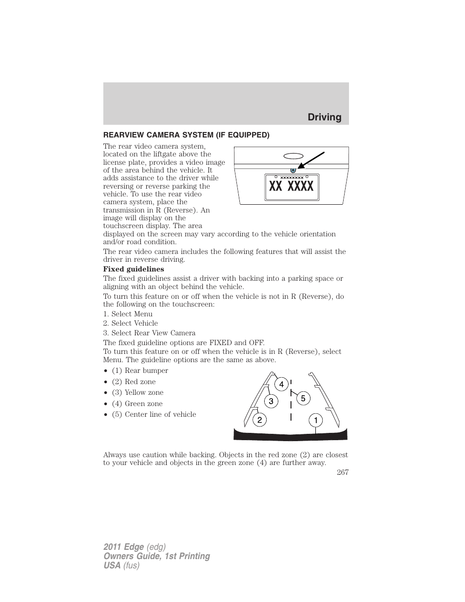 Rearview camera system (if equipped), Rear-view camera system, Driving | FORD 2011 Edge v.1 User Manual | Page 267 / 403