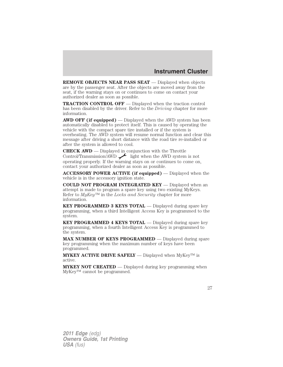 Instrument cluster | FORD 2011 Edge v.1 User Manual | Page 27 / 403