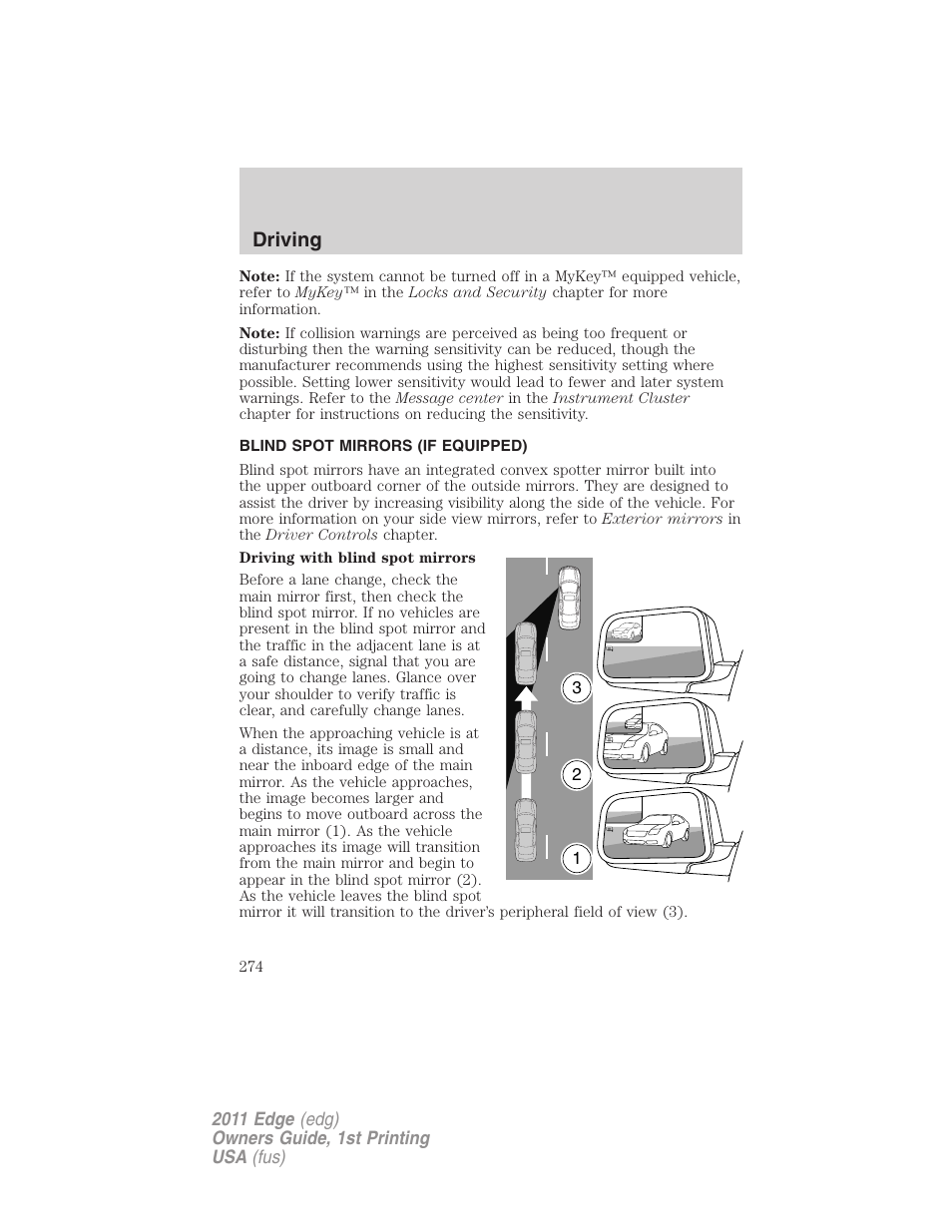 Blind spot mirrors (if equipped), Driving | FORD 2011 Edge v.1 User Manual | Page 274 / 403