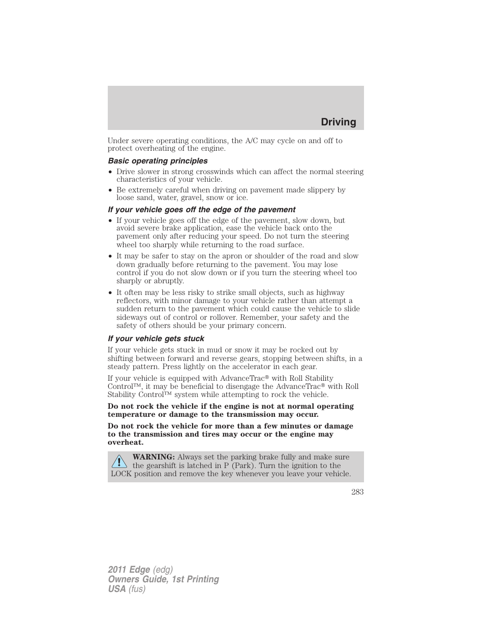 Basic operating principles, If your vehicle goes off the edge of the pavement, If your vehicle gets stuck | Driving | FORD 2011 Edge v.1 User Manual | Page 283 / 403
