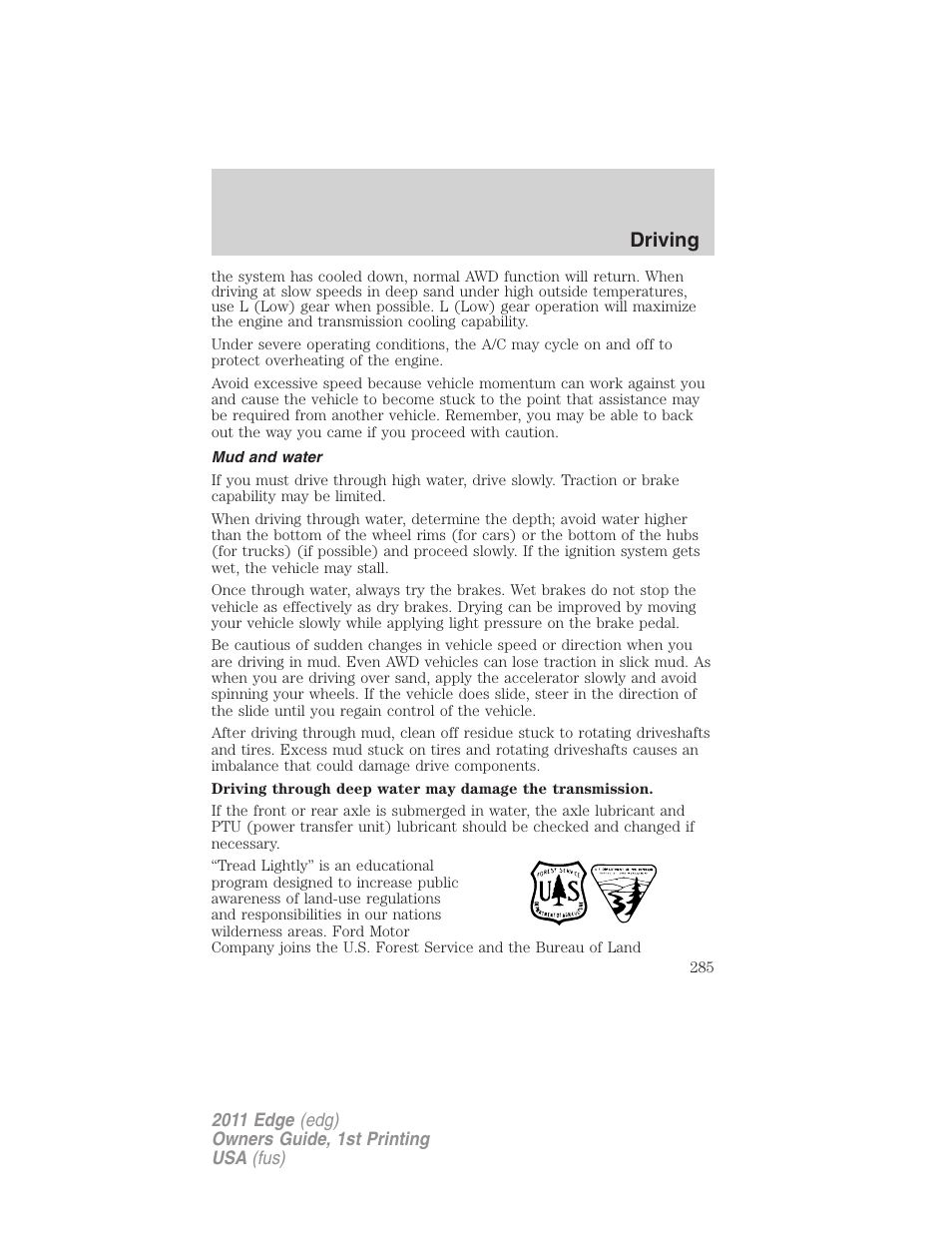 Mud and water, Driving | FORD 2011 Edge v.1 User Manual | Page 285 / 403