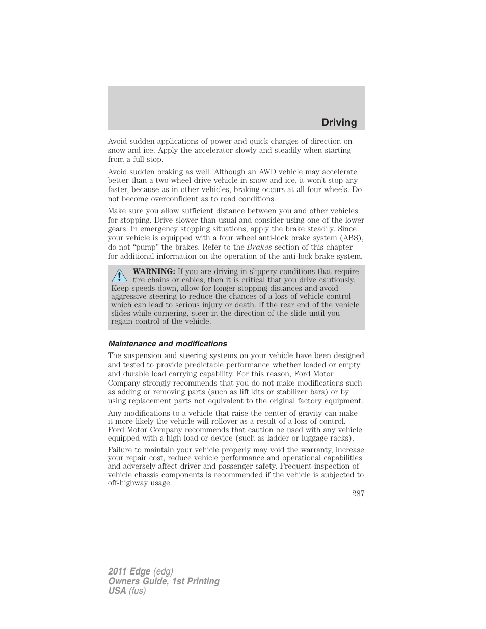 Maintenance and modifications, Driving | FORD 2011 Edge v.1 User Manual | Page 287 / 403
