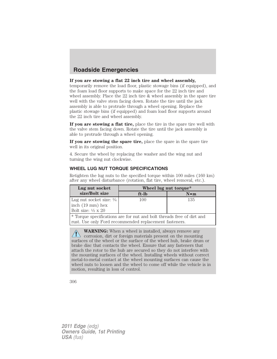 Wheel lug nut torque specifications, Wheel lug nut torque, Roadside emergencies | FORD 2011 Edge v.1 User Manual | Page 306 / 403