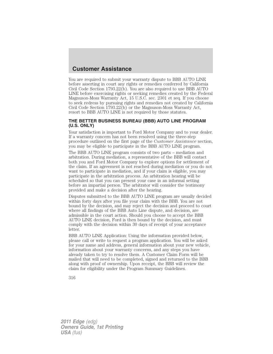 Customer assistance | FORD 2011 Edge v.1 User Manual | Page 316 / 403