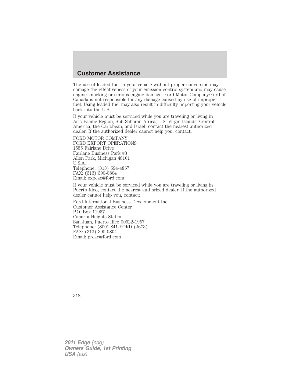 Customer assistance | FORD 2011 Edge v.1 User Manual | Page 318 / 403