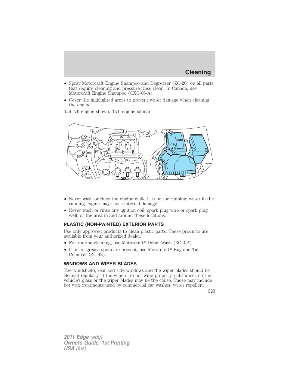 Plastic (non-painted) exterior parts, Windows and wiper blades, Cleaning | FORD 2011 Edge v.1 User Manual | Page 323 / 403