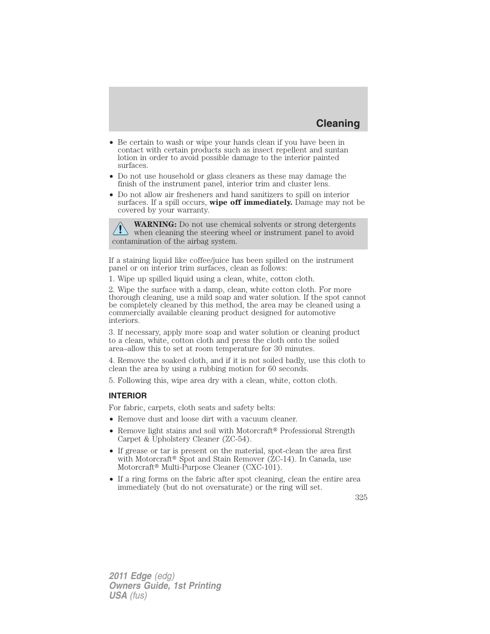 Interior, Cleaning | FORD 2011 Edge v.1 User Manual | Page 325 / 403