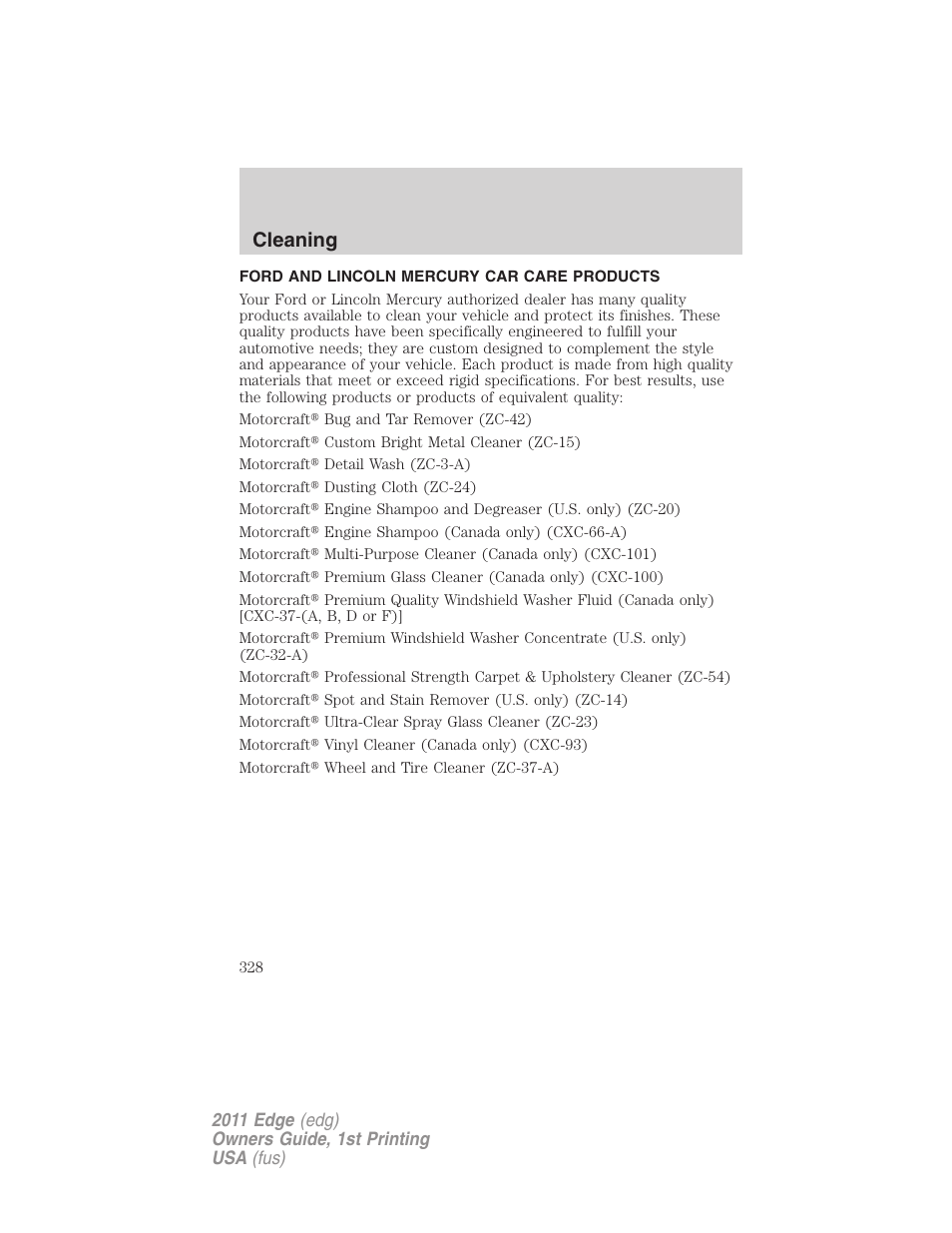 Ford and lincoln mercury car care products, Cleaning | FORD 2011 Edge v.1 User Manual | Page 328 / 403