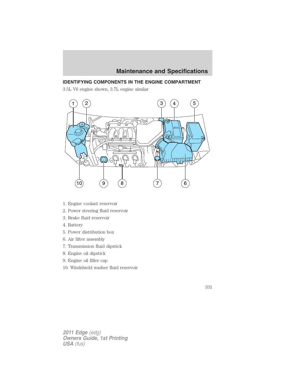 Identifying components in the engine compartment, Engine compartment, Maintenance and specifications | FORD 2011 Edge v.1 User Manual | Page 331 / 403