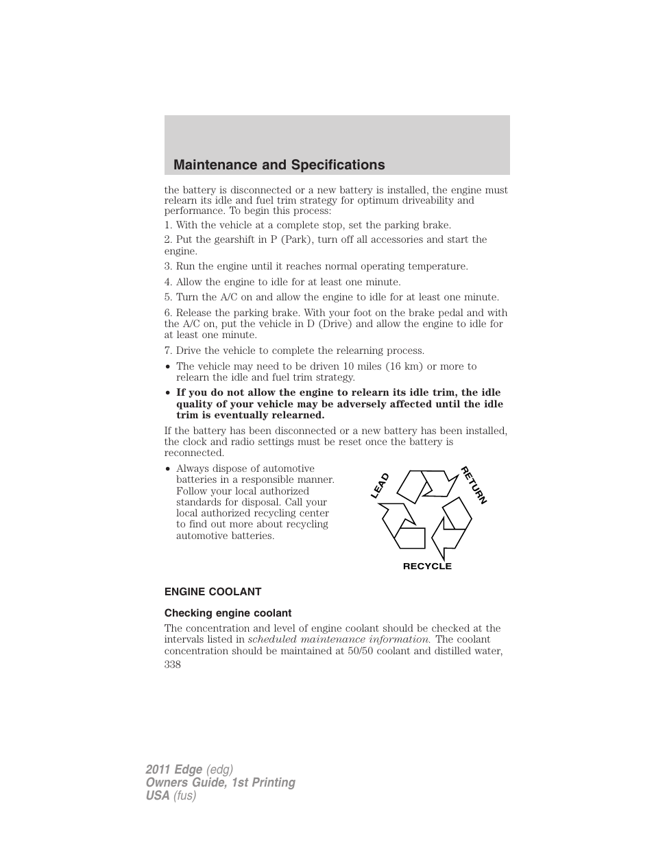 Engine coolant, Checking engine coolant, Maintenance and specifications | FORD 2011 Edge v.1 User Manual | Page 338 / 403