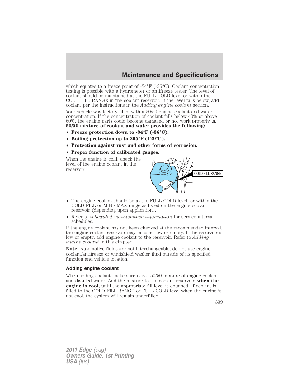 Adding engine coolant, Maintenance and specifications | FORD 2011 Edge v.1 User Manual | Page 339 / 403