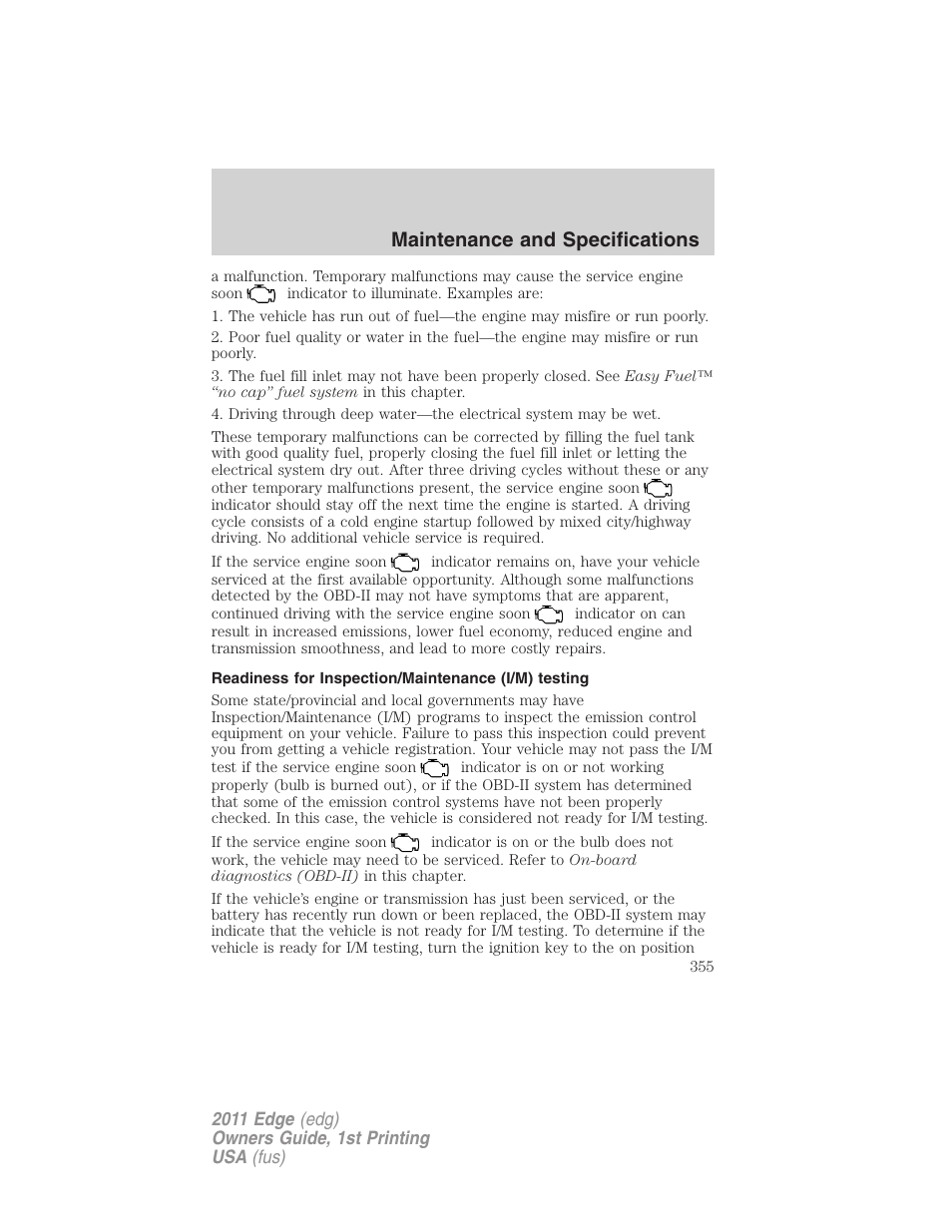 Readiness for inspection/maintenance (i/m) testing, Maintenance and specifications | FORD 2011 Edge v.1 User Manual | Page 355 / 403