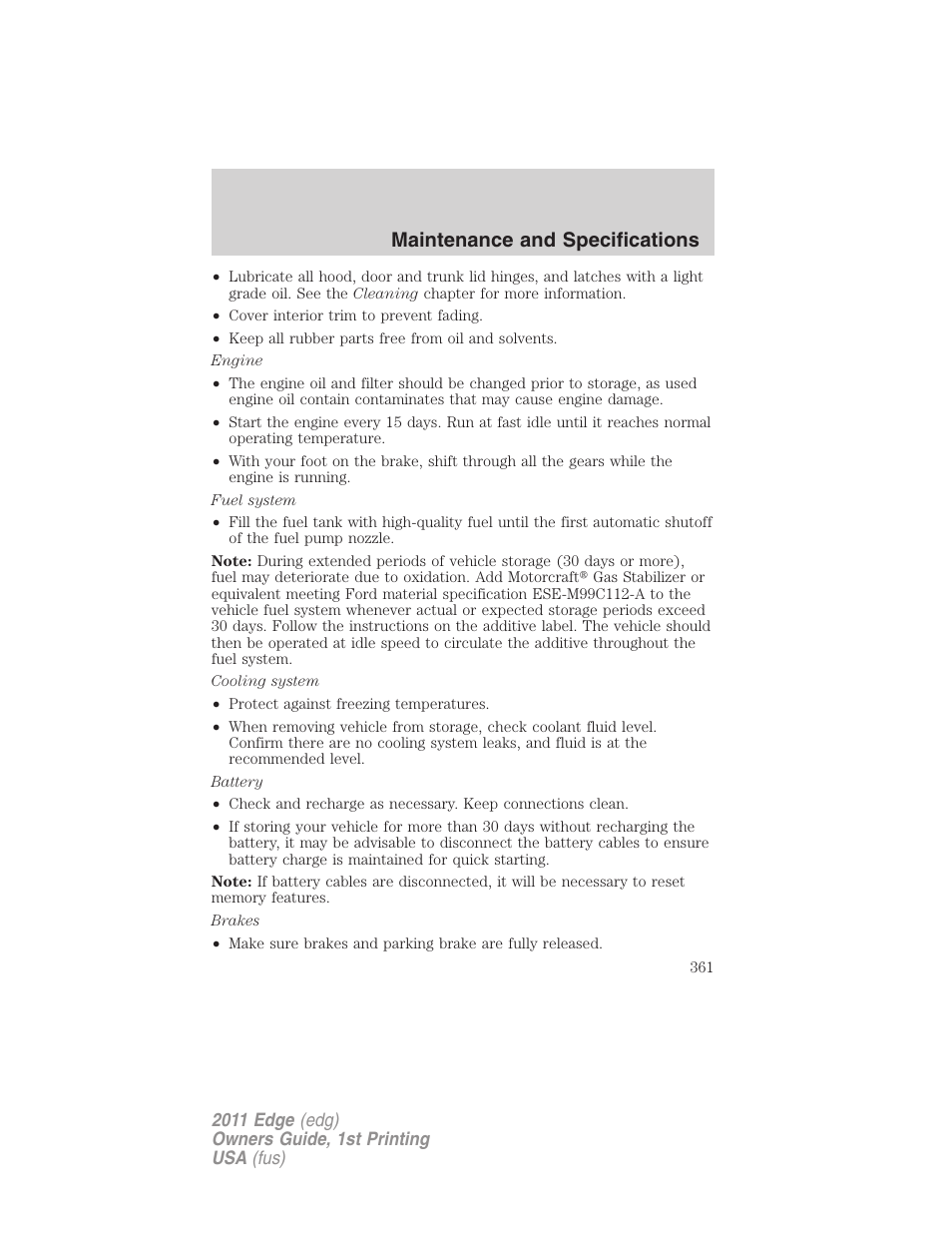 Maintenance and specifications | FORD 2011 Edge v.1 User Manual | Page 361 / 403