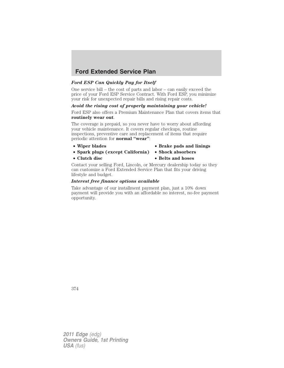 Ford extended service plan | FORD 2011 Edge v.1 User Manual | Page 374 / 403