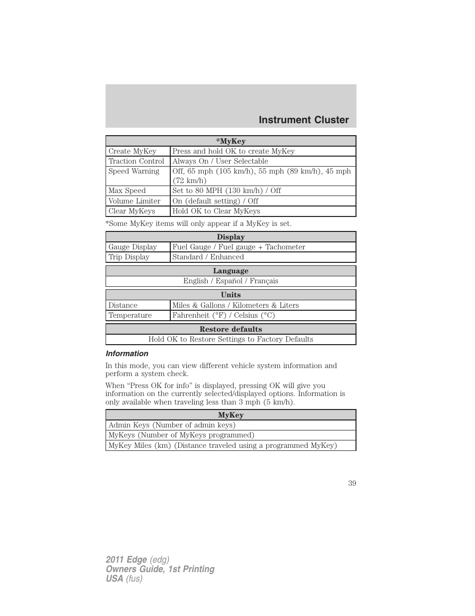 Information, Instrument cluster | FORD 2011 Edge v.1 User Manual | Page 39 / 403