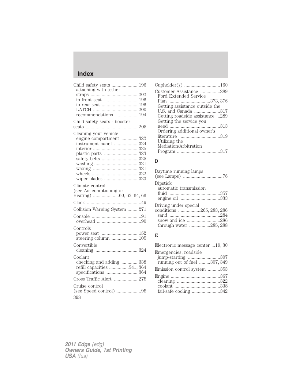 Index | FORD 2011 Edge v.1 User Manual | Page 398 / 403