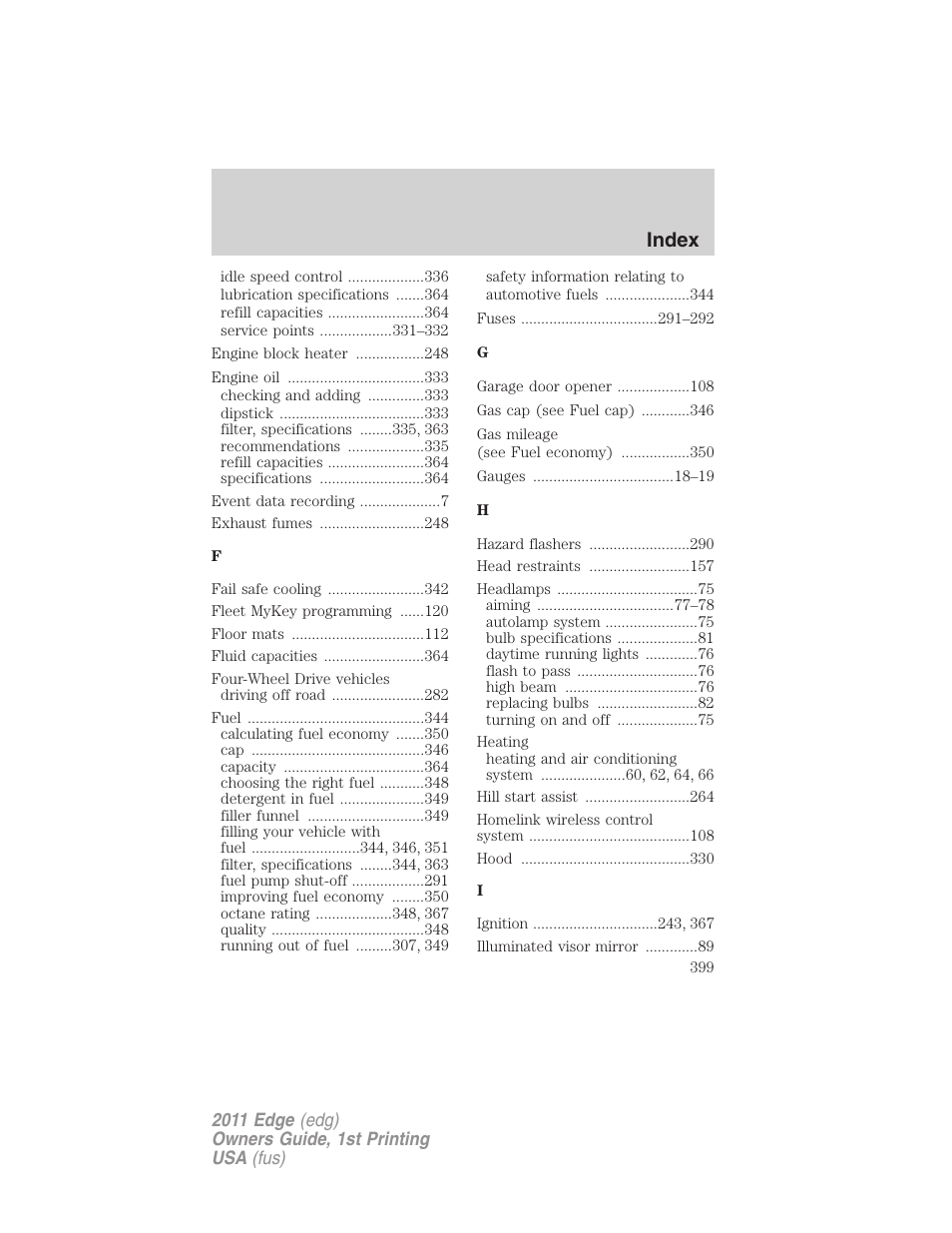 Index | FORD 2011 Edge v.1 User Manual | Page 399 / 403