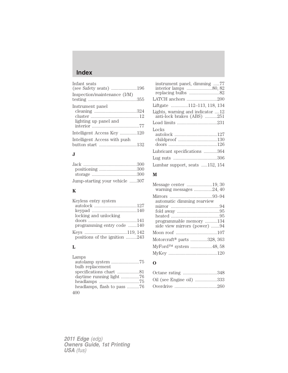 Index | FORD 2011 Edge v.1 User Manual | Page 400 / 403