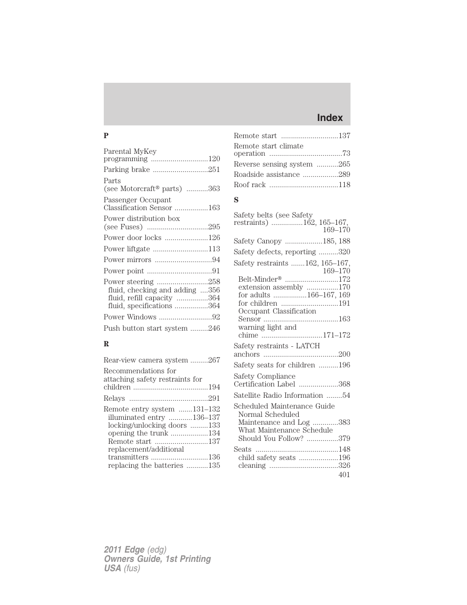 Index | FORD 2011 Edge v.1 User Manual | Page 401 / 403