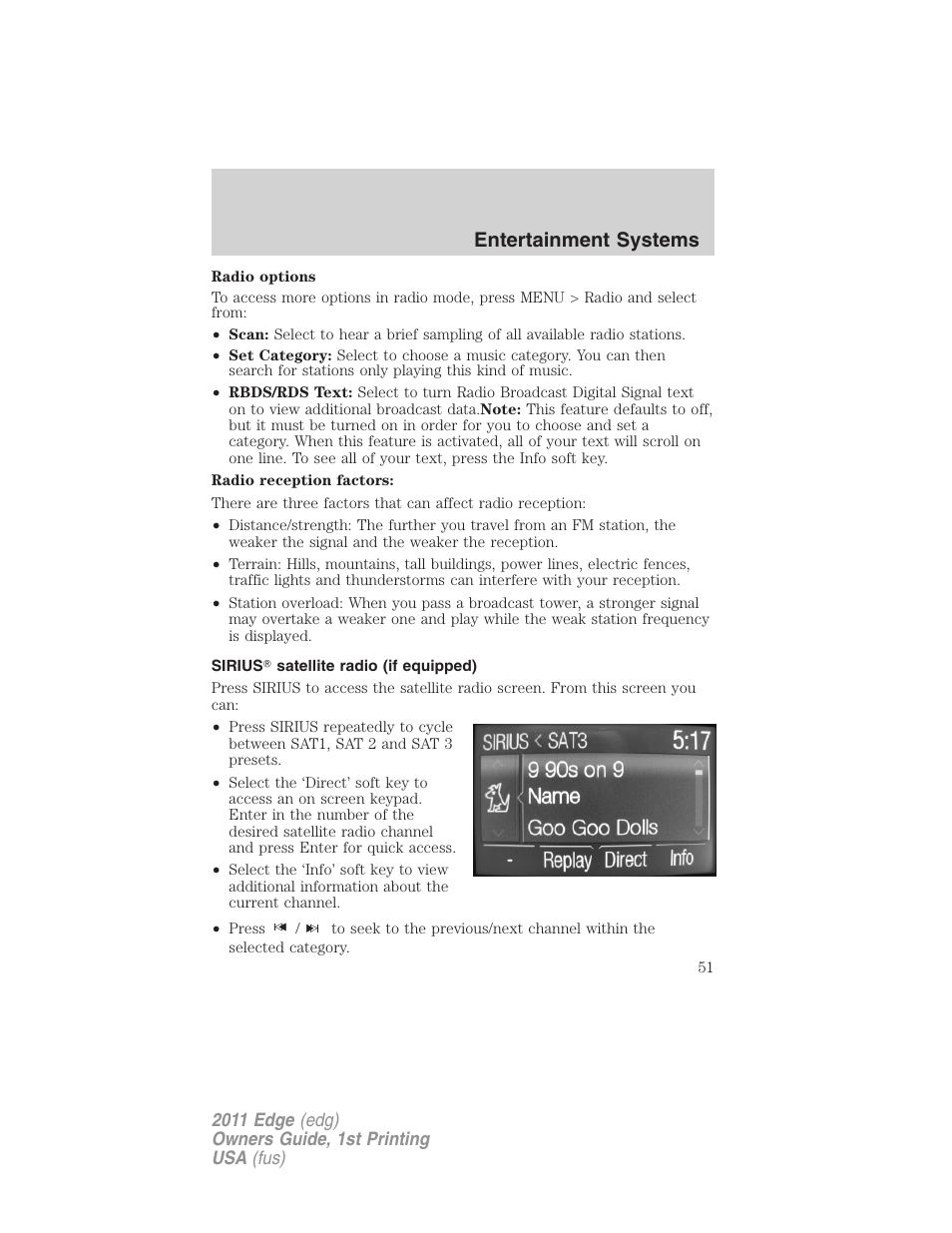 Sirius satellite radio (if equipped), Entertainment systems | FORD 2011 Edge v.1 User Manual | Page 51 / 403