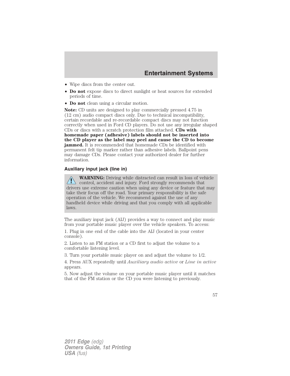 Auxiliary input jack (line in), Entertainment systems | FORD 2011 Edge v.1 User Manual | Page 57 / 403
