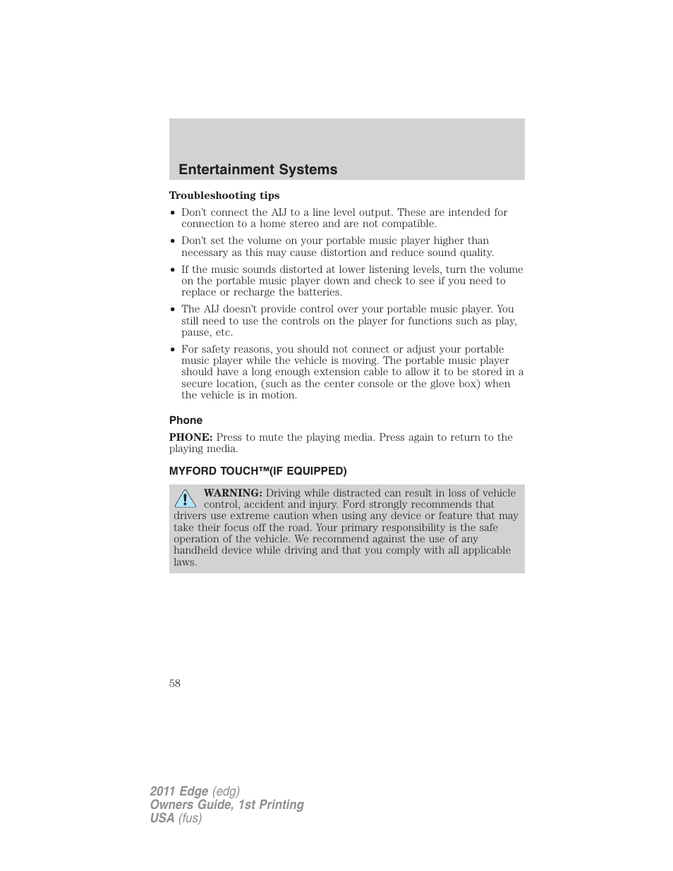 Phone, Myford touch™(if equipped), Myford touch™ system | Entertainment systems | FORD 2011 Edge v.1 User Manual | Page 58 / 403