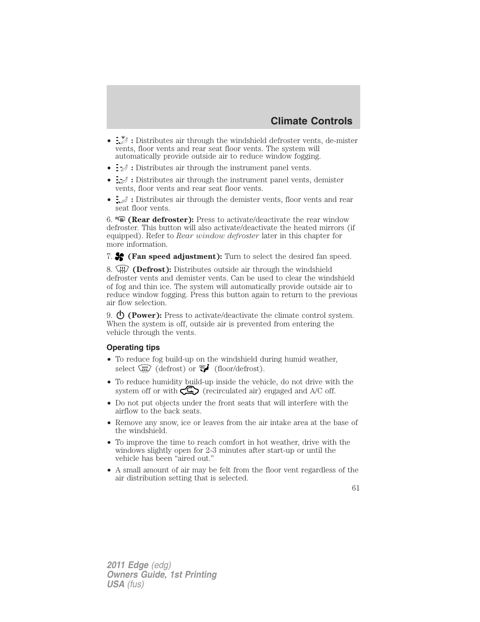 Operating tips, Climate controls | FORD 2011 Edge v.1 User Manual | Page 61 / 403
