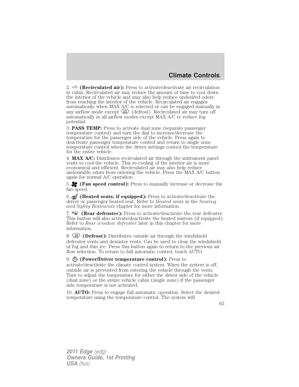 Climate controls | FORD 2011 Edge v.1 User Manual | Page 63 / 403