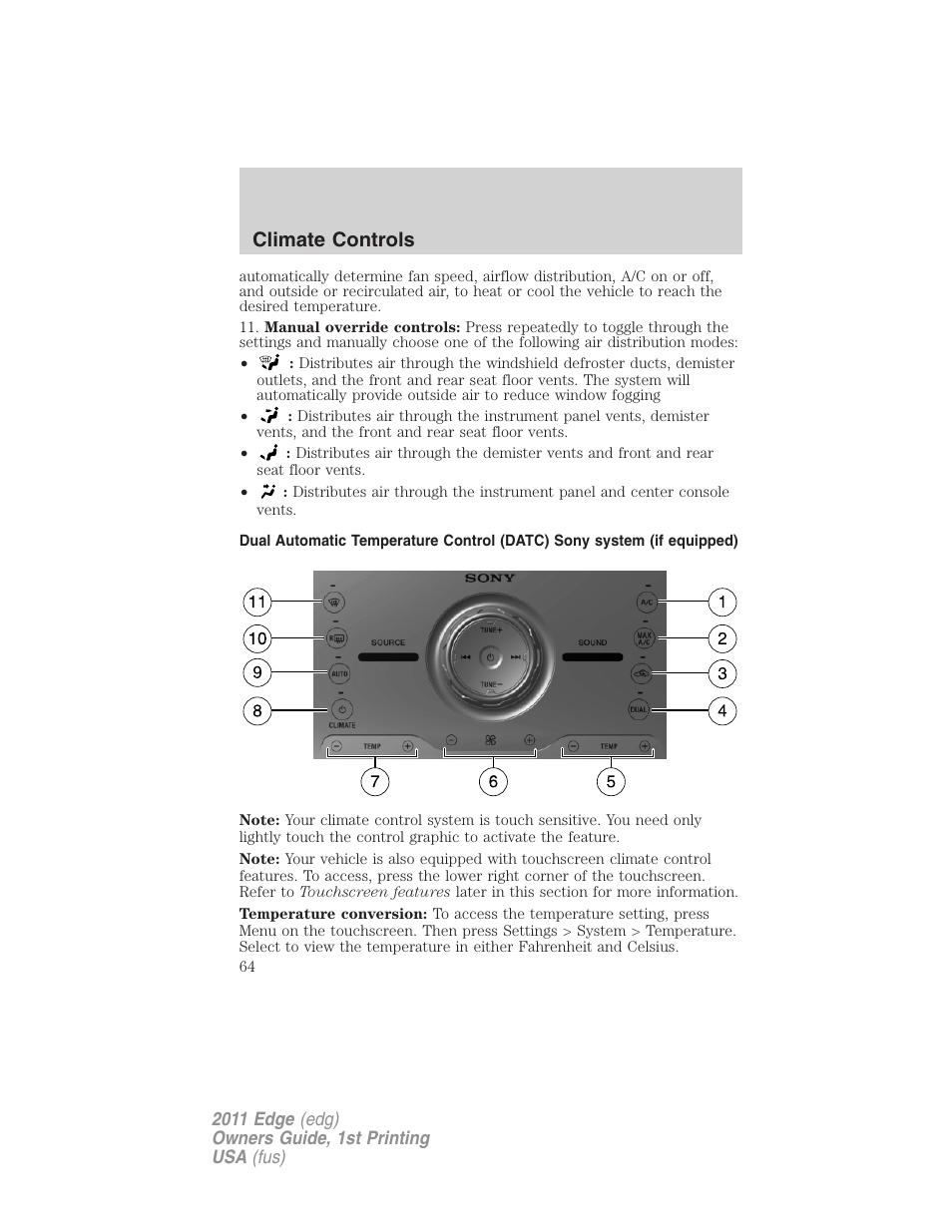 Climate controls | FORD 2011 Edge v.1 User Manual | Page 64 / 403
