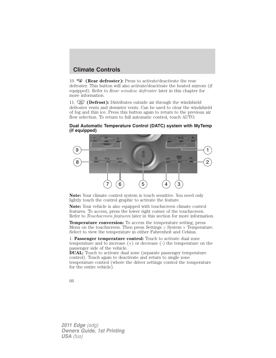 Climate controls | FORD 2011 Edge v.1 User Manual | Page 66 / 403