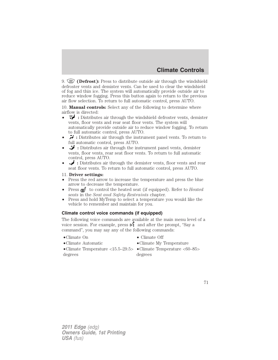 Climate control voice commands (if equipped), Climate controls | FORD 2011 Edge v.1 User Manual | Page 71 / 403
