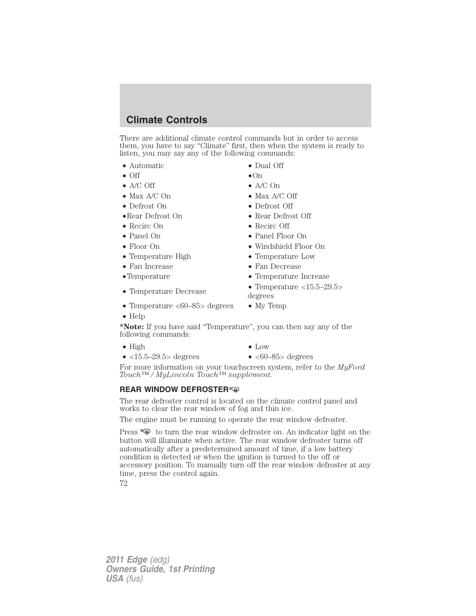 Rear window defroster, Climate controls | FORD 2011 Edge v.1 User Manual | Page 72 / 403