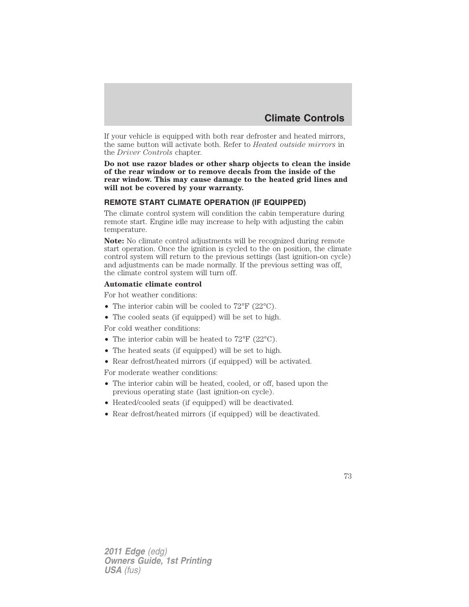 Remote start climate operation (if equipped), Climate controls | FORD 2011 Edge v.1 User Manual | Page 73 / 403