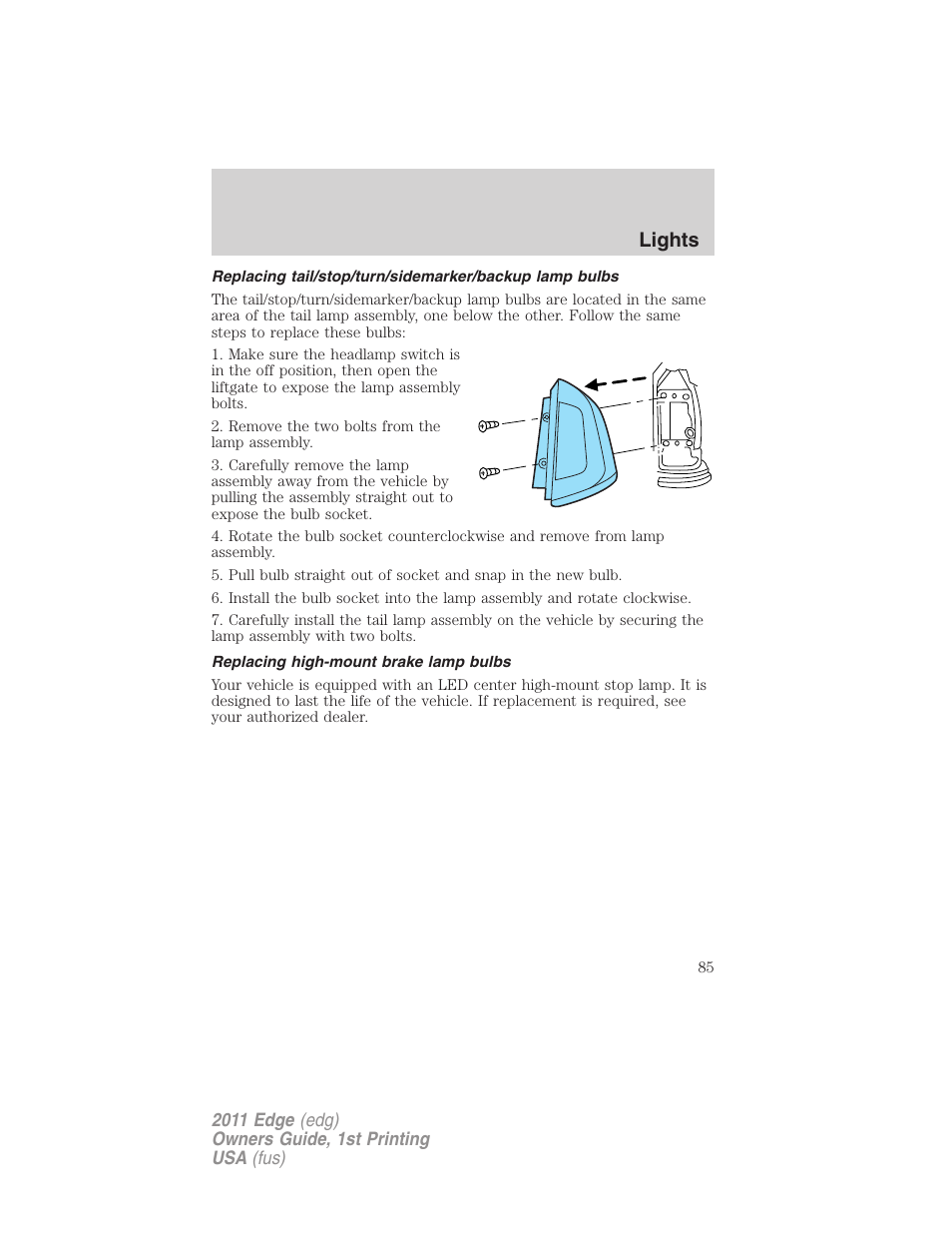 Replacing high-mount brake lamp bulbs, Lights | FORD 2011 Edge v.1 User Manual | Page 85 / 403