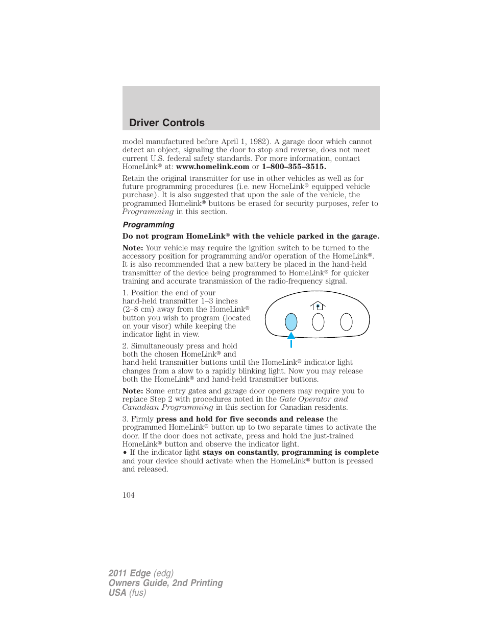 Programming, Driver controls | FORD 2011 Edge v.2 User Manual | Page 104 / 394