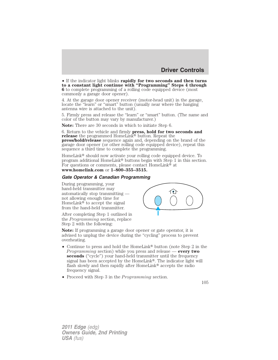 Gate operator & canadian programming, Driver controls | FORD 2011 Edge v.2 User Manual | Page 105 / 394
