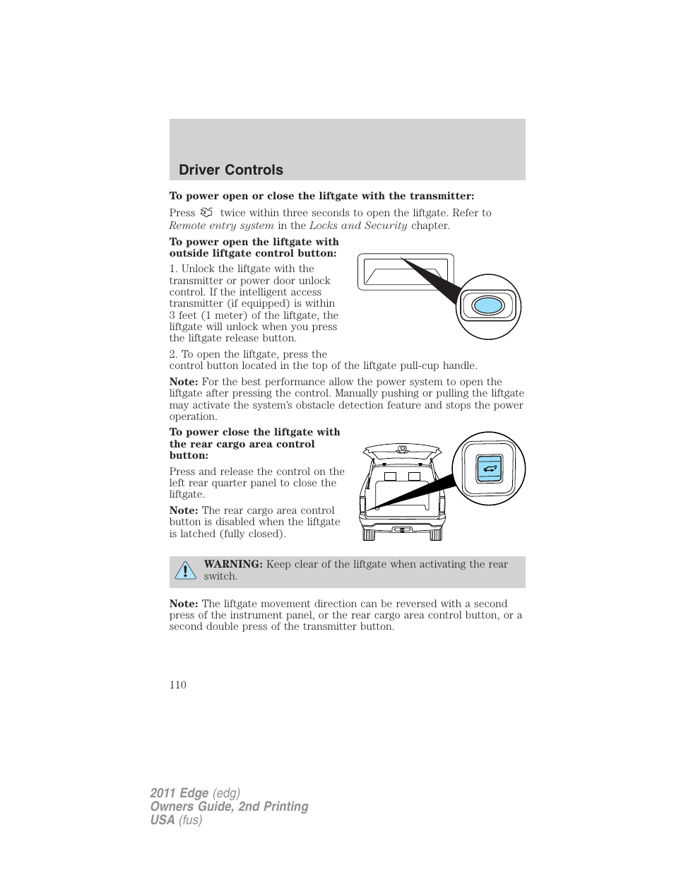 Driver controls | FORD 2011 Edge v.2 User Manual | Page 110 / 394