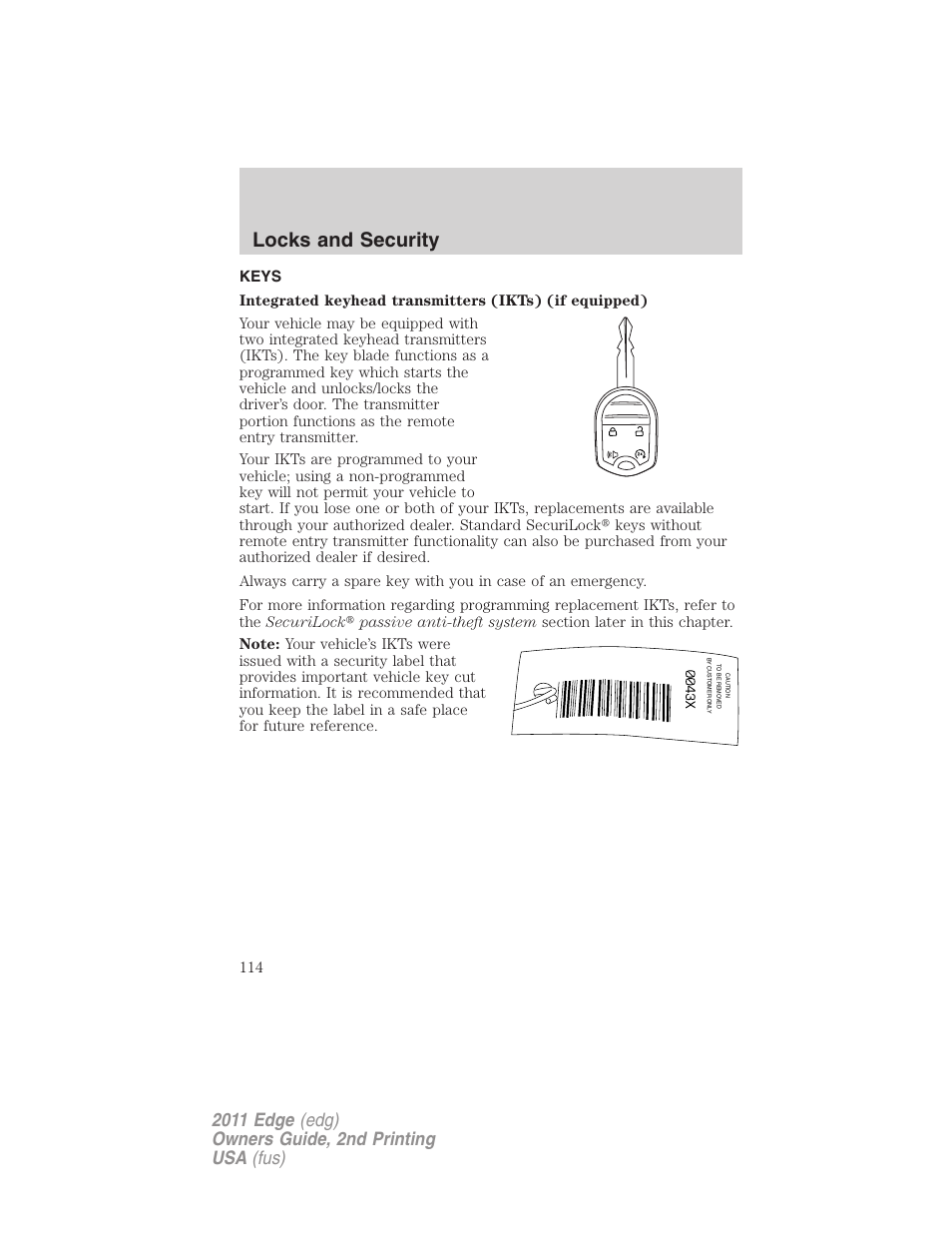 Locks and security, Keys | FORD 2011 Edge v.2 User Manual | Page 114 / 394
