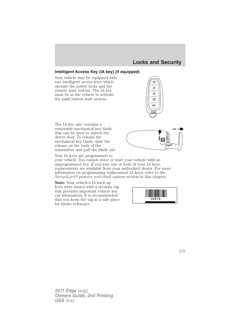 Intelligent access key (ia key) (if equipped), Locks and security | FORD 2011 Edge v.2 User Manual | Page 115 / 394