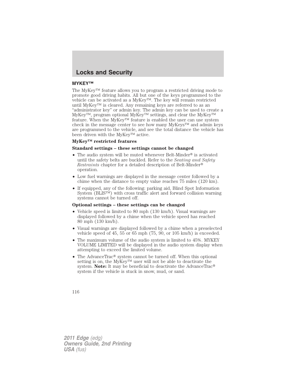 Mykey, Locks and security | FORD 2011 Edge v.2 User Manual | Page 116 / 394