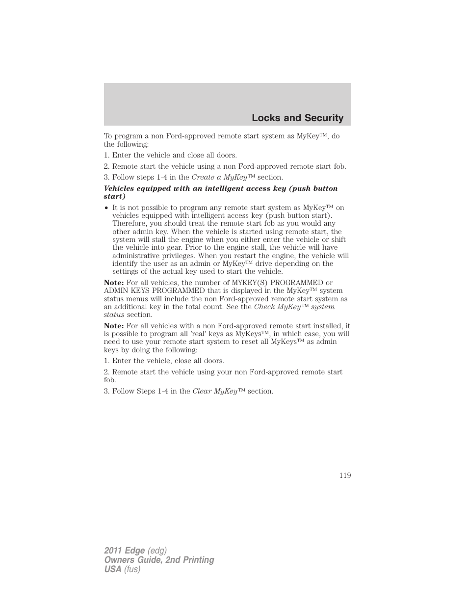 Locks and security | FORD 2011 Edge v.2 User Manual | Page 119 / 394