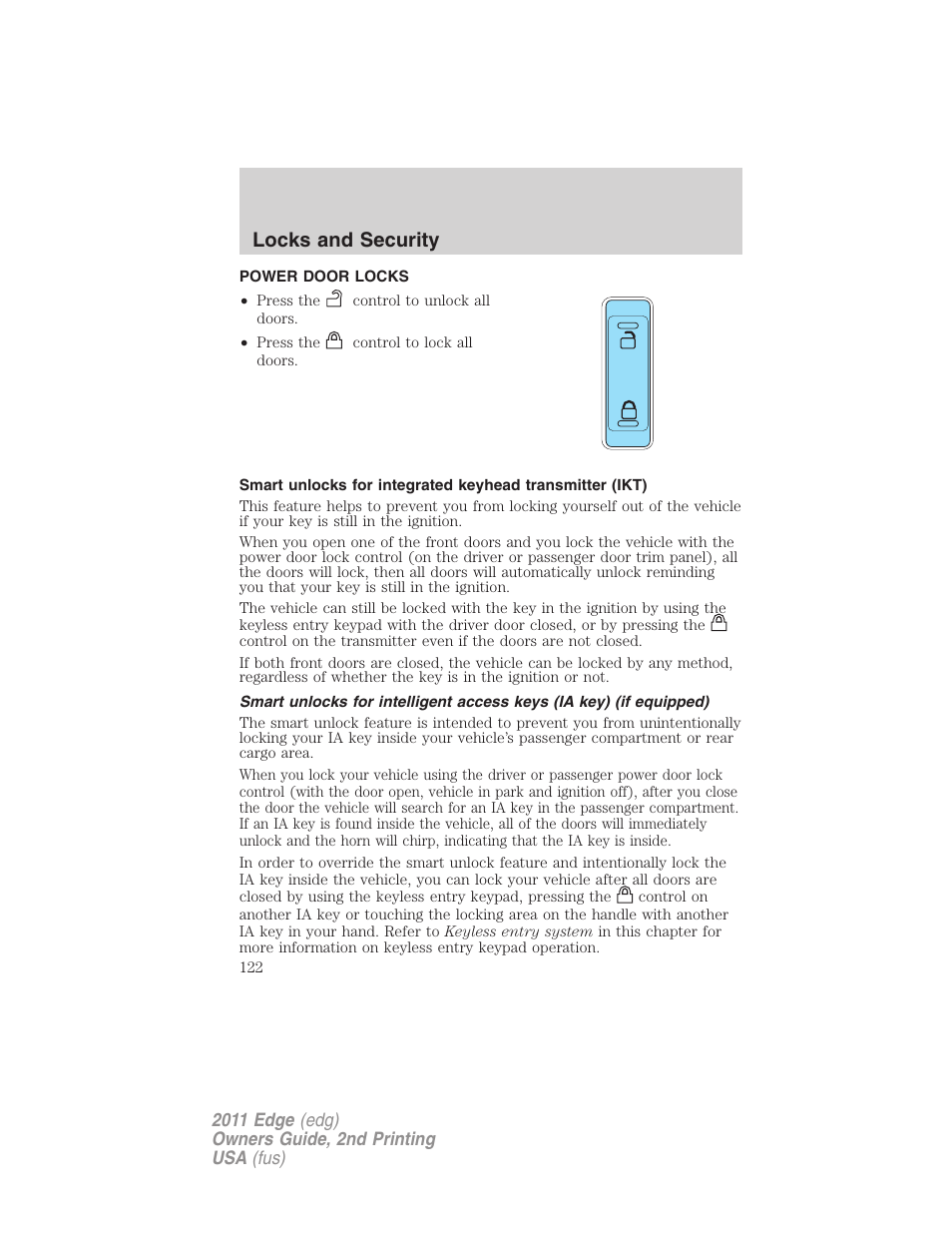 Power door locks, Locks, Locks and security | FORD 2011 Edge v.2 User Manual | Page 122 / 394